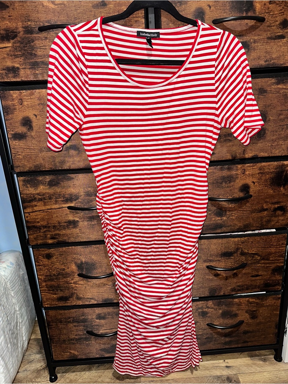 Isabella Oliver Red & White Striped Ruched Scoop Neck Tunic Dress - Maternity